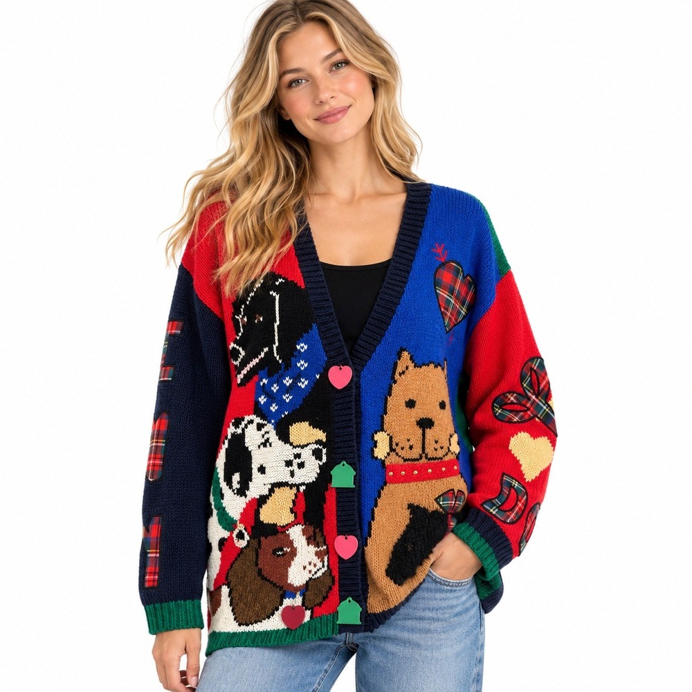 New PBJ Sport Womens Cardigan Dog Novelty Ramie Cotton 80s  Sz L